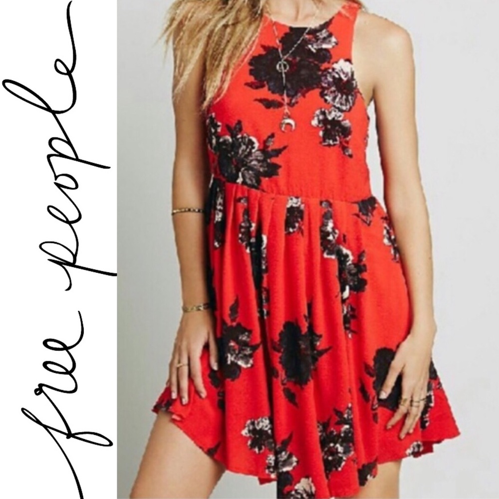 Free People Red Floral Flutterby Dress W/ pockets